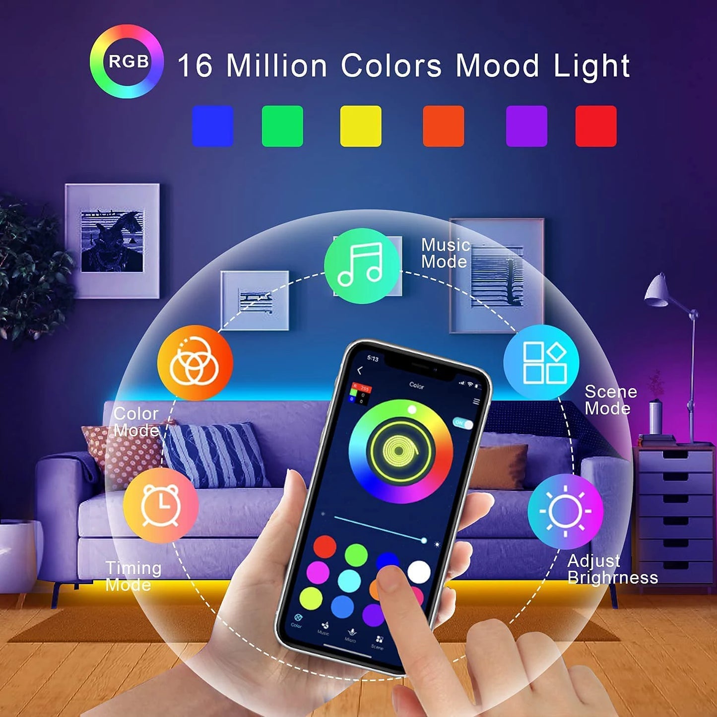 RGB LED Strip Lights – Flexible Room Lighting with App and Remote Control