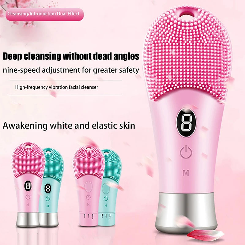 9 Gear Electric Ultrasonic Skin Sonic Scrubber Facial Brush Cleaner High Frequency Vibration Face Silicone Rechargeable