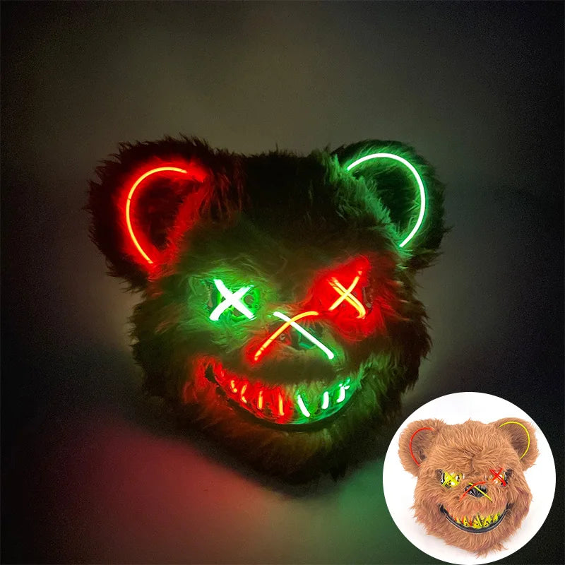 LED Glowing Bloody Bear Mask – Horror Plush Rabbit & Bear Cosplay Mask for Halloween and Festivals