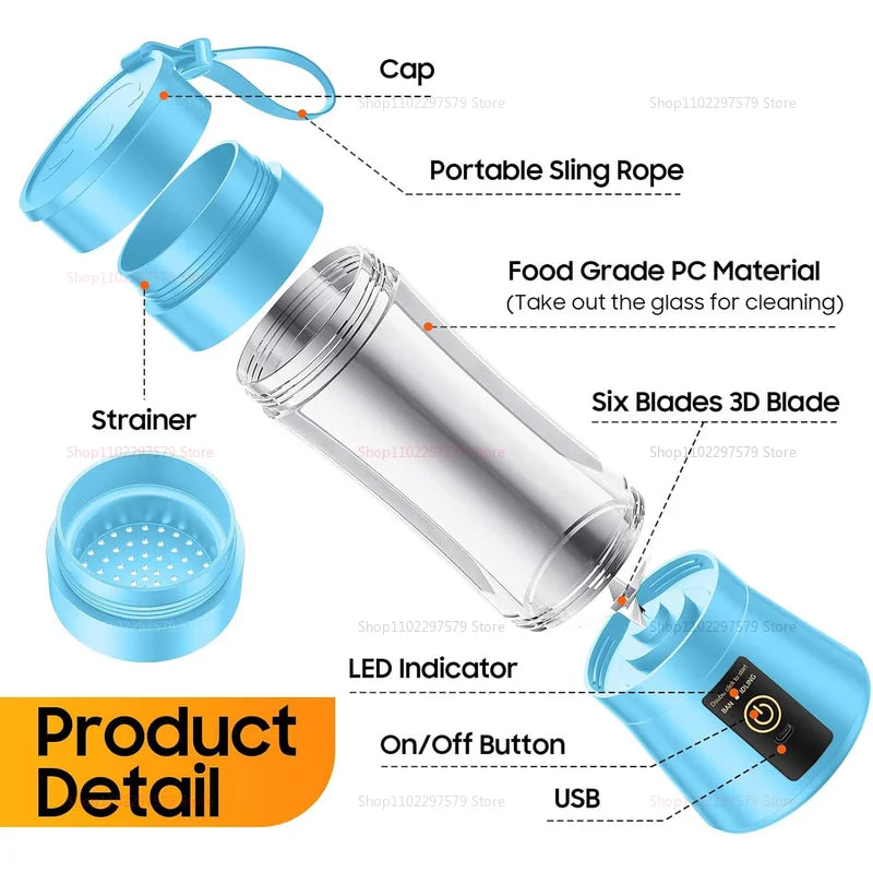 380ml Portable Electric Juicer – USB Rechargeable Mini Smoothie Blender for Travel and Kitchen Use