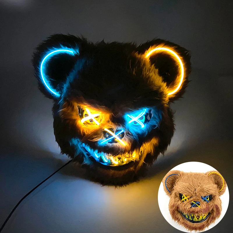 LED Glowing Bloody Bear Mask – Horror Plush Rabbit & Bear Cosplay Mask for Halloween and Festivals