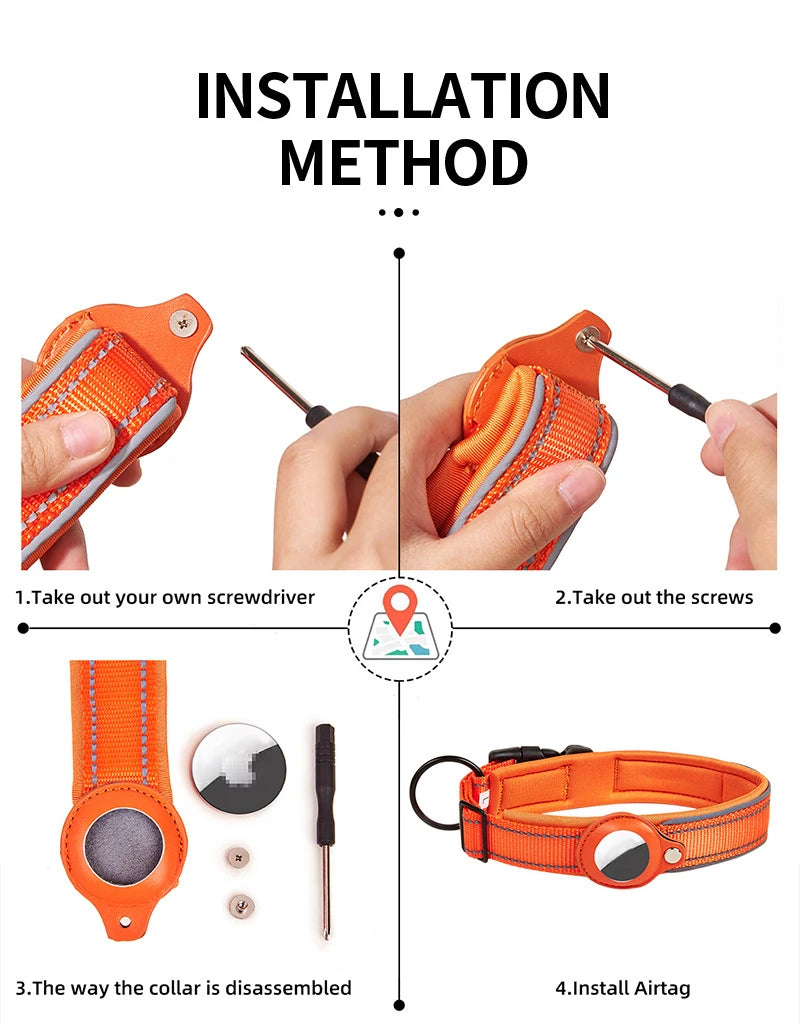 Reflective AirTag Dog Collar – Adjustable Heavy-Duty Collar with Built-In AirTag Holder