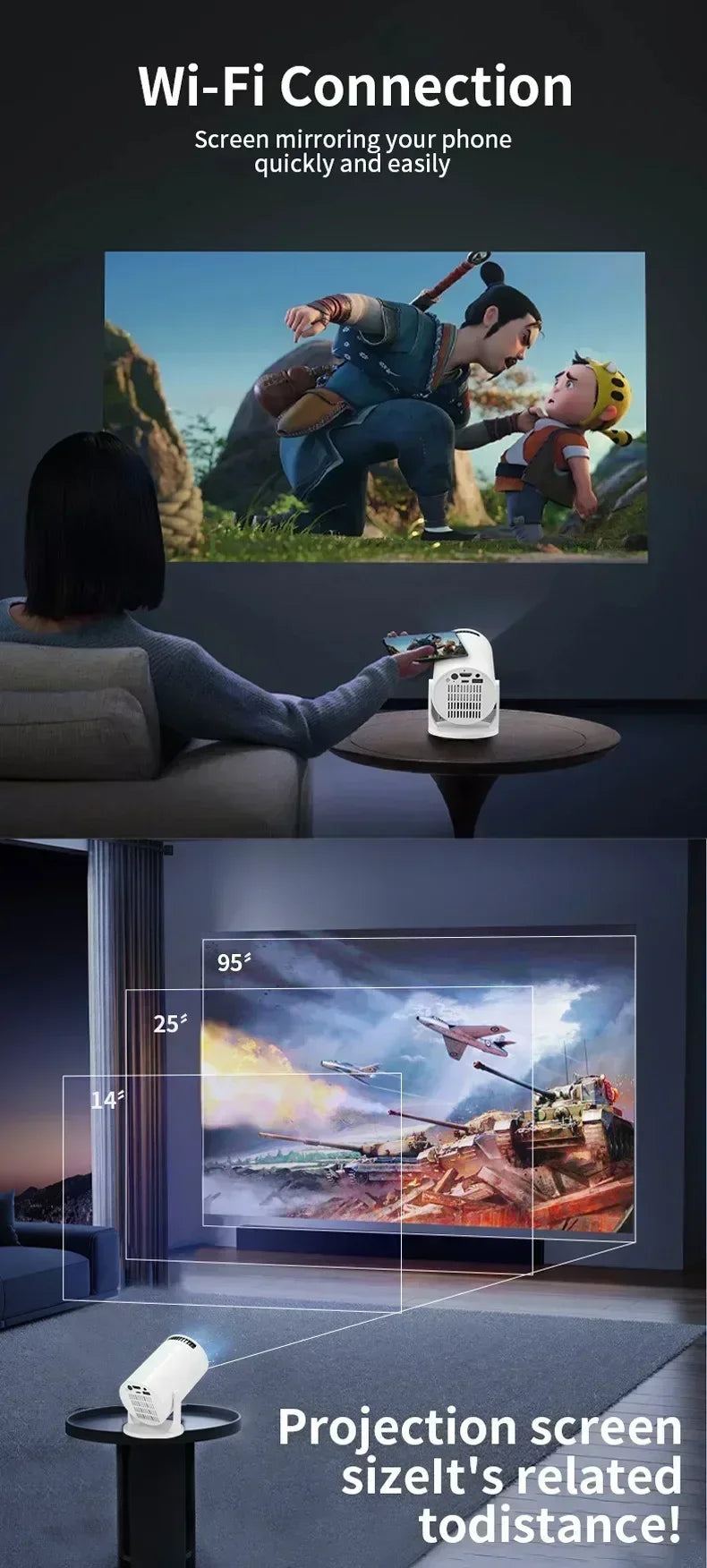 USAMR HY200 1080P Portable Projector – 270° Adjustable Mini Home Theater with Speaker & HDMI/USB Input
