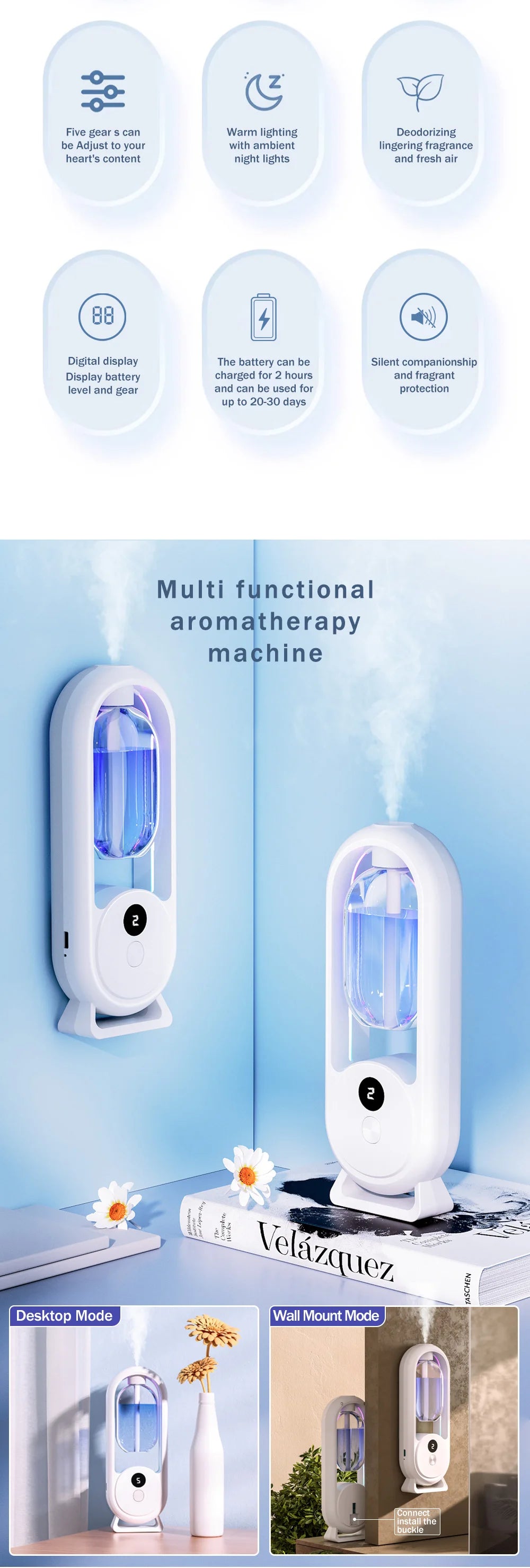 Rechargeable Portable Aroma Diffuser – Essential Oil Aromatherapy Machine with Timed Air Freshener Modes