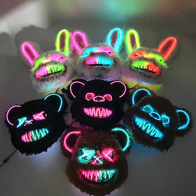 LED Glowing Bloody Bear Mask – Horror Plush Rabbit & Bear Cosplay Mask for Halloween and Festivals