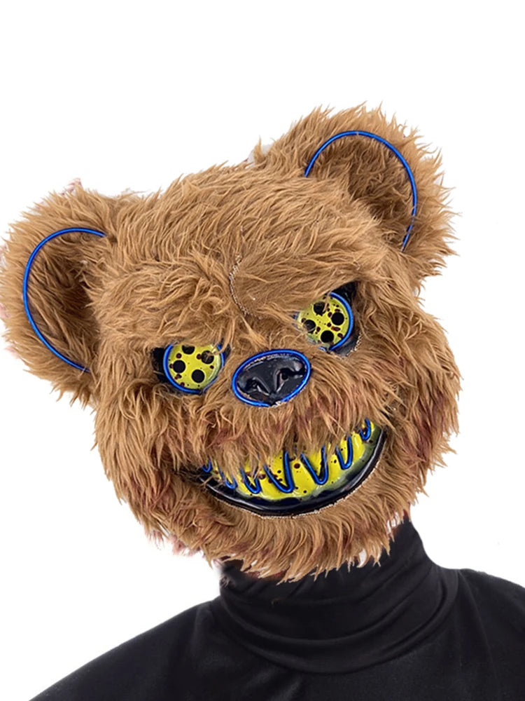 LED Glowing Bloody Bear Mask – Horror Plush Rabbit & Bear Cosplay Mask for Halloween and Festivals