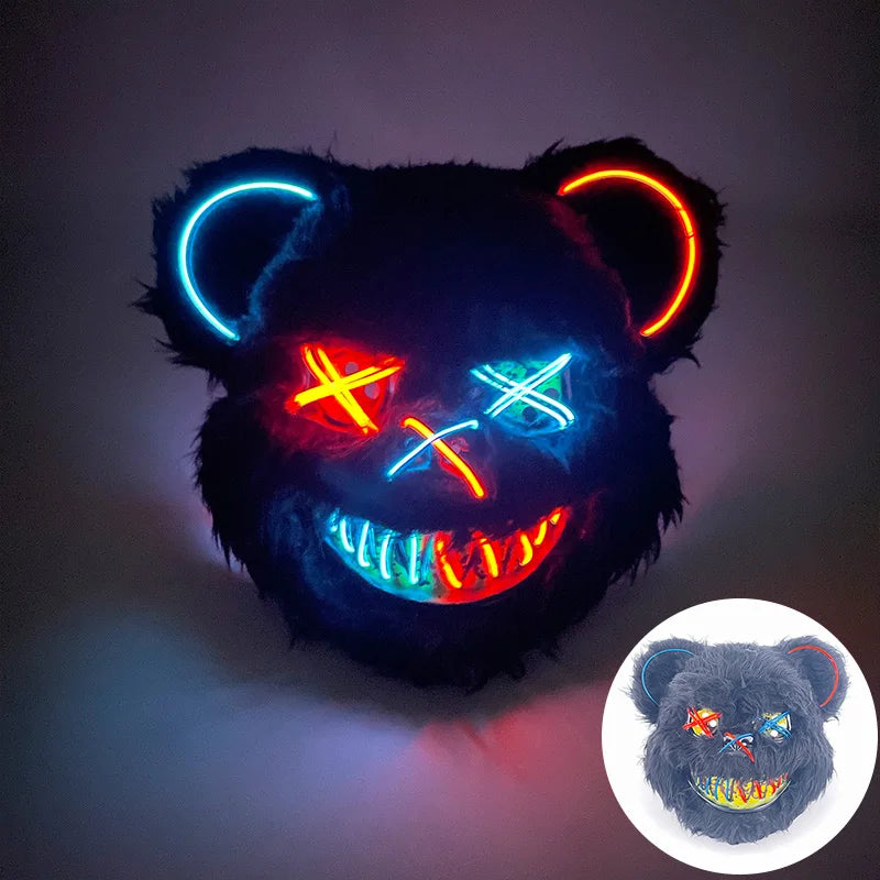 LED Glowing Bloody Bear Mask – Horror Plush Rabbit & Bear Cosplay Mask for Halloween and Festivals