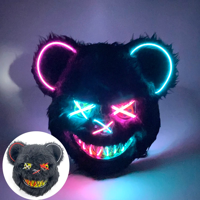 LED Glowing Bloody Bear Mask – Horror Plush Rabbit & Bear Cosplay Mask for Halloween and Festivals