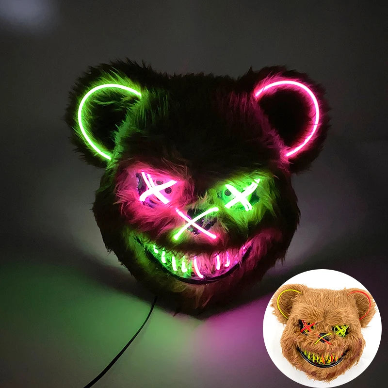 LED Glowing Bloody Bear Mask – Horror Plush Rabbit & Bear Cosplay Mask for Halloween and Festivals