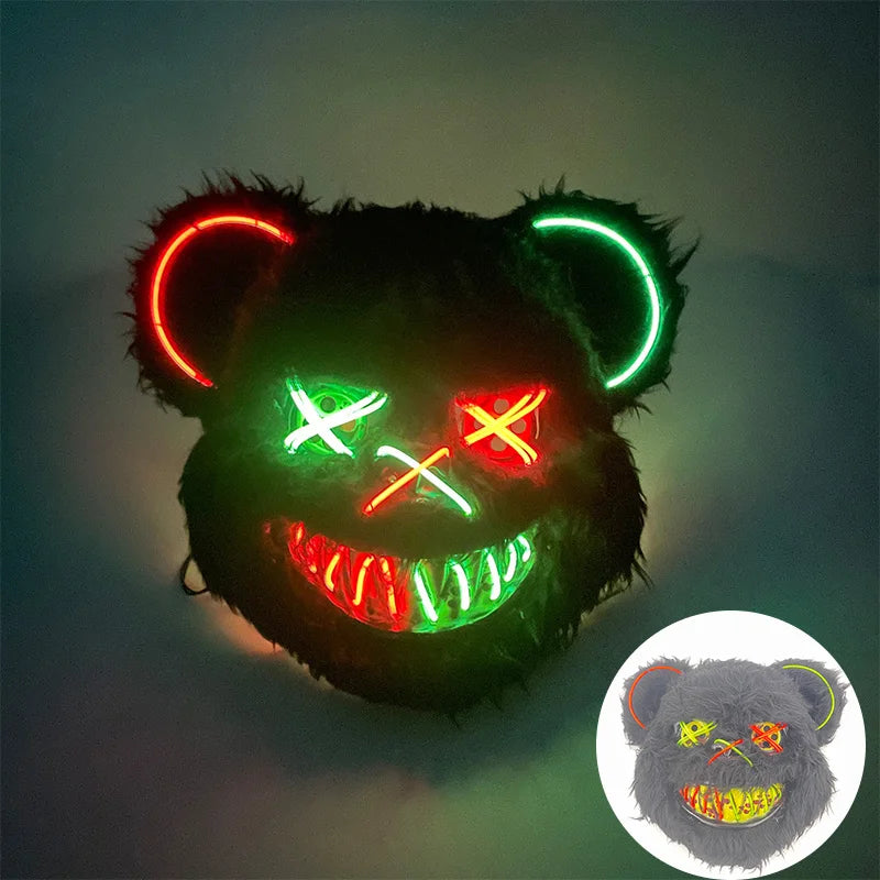 LED Glowing Bloody Bear Mask – Horror Plush Rabbit & Bear Cosplay Mask for Halloween and Festivals