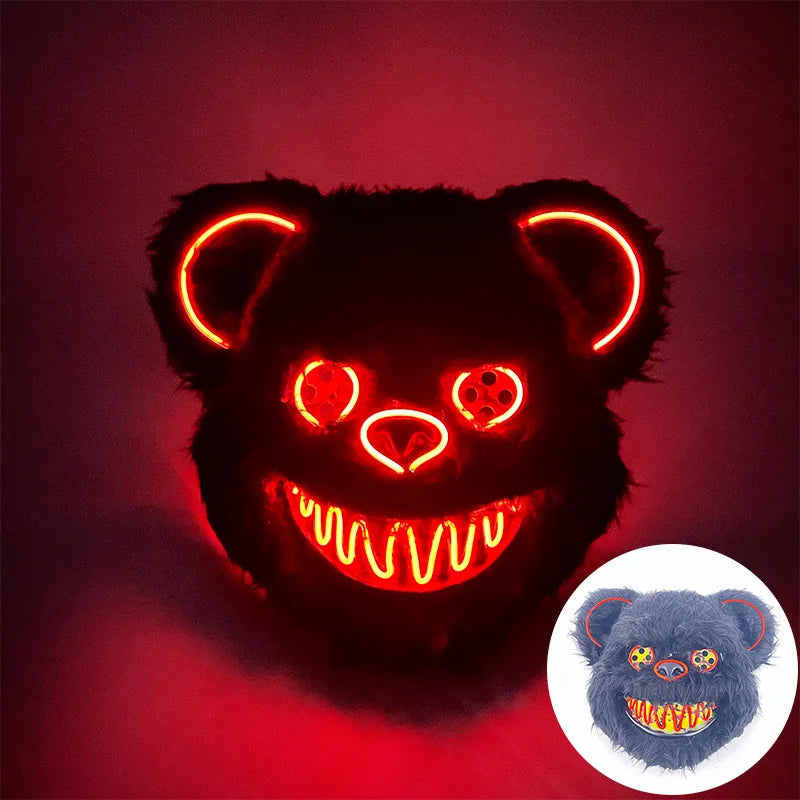 LED Glowing Bloody Bear Mask – Horror Plush Rabbit & Bear Cosplay Mask for Halloween and Festivals