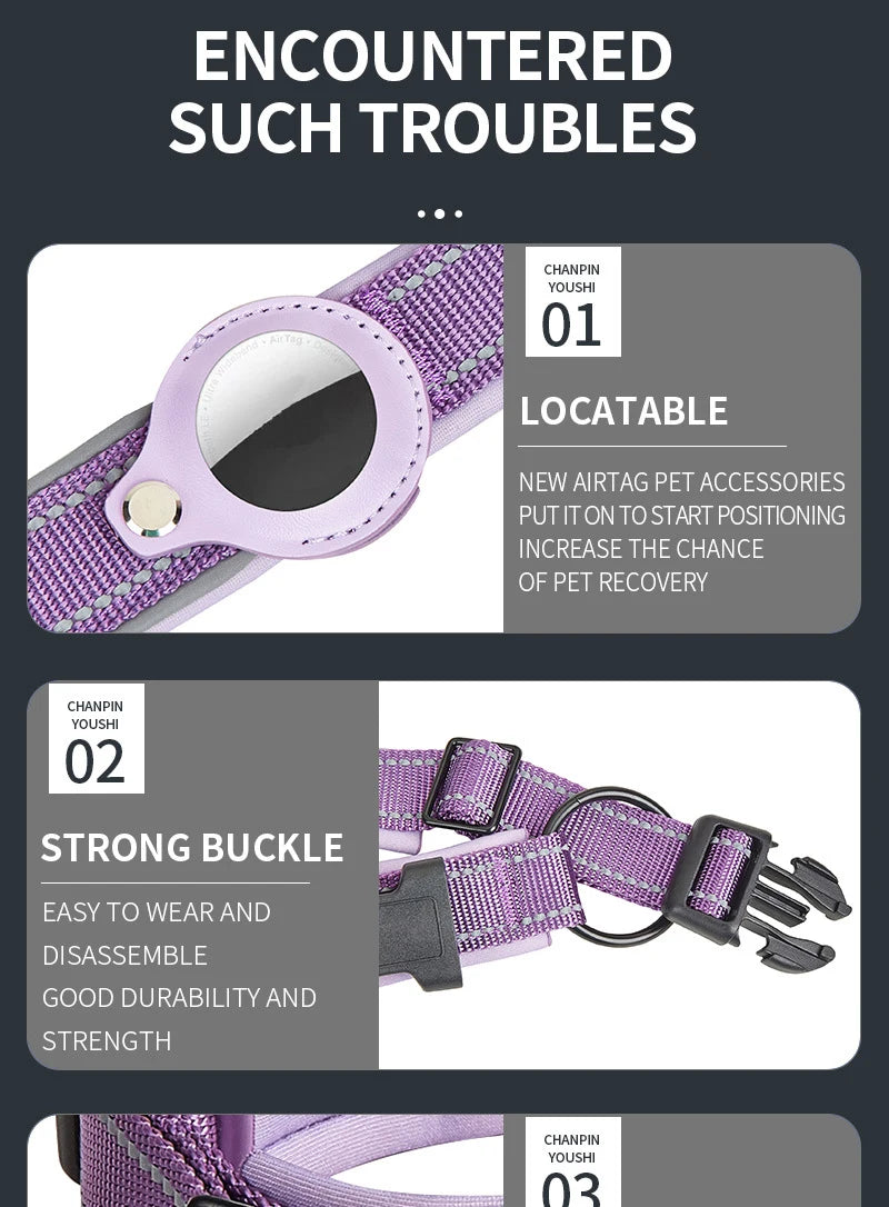 Reflective AirTag Dog Collar – Adjustable Heavy-Duty Collar with Built-In AirTag Holder