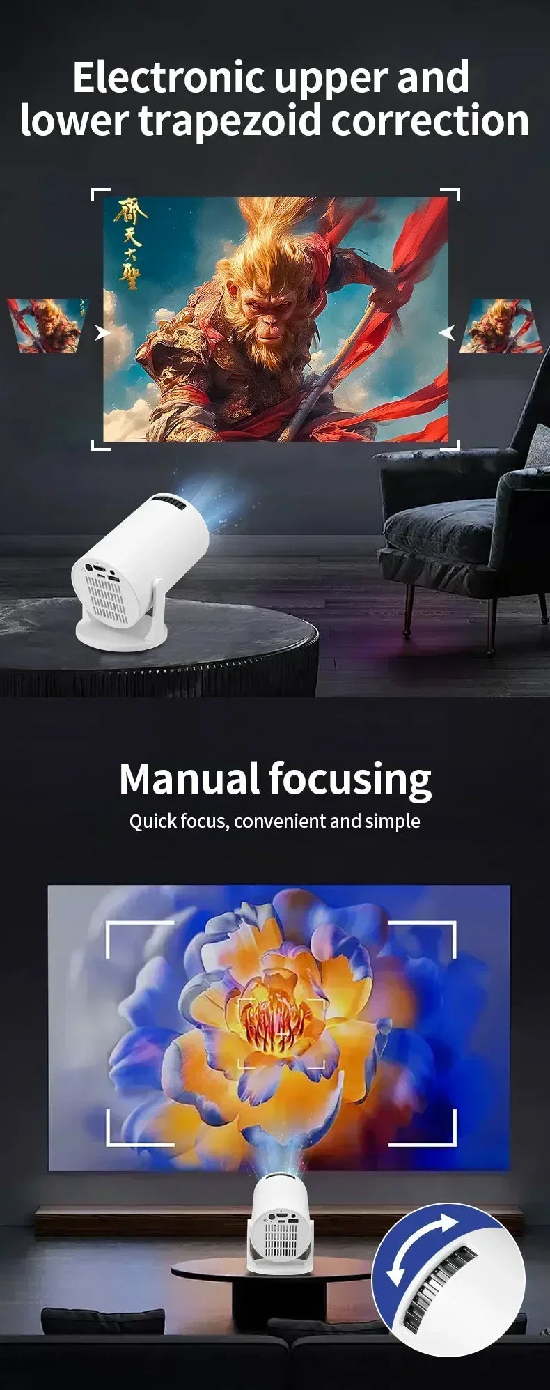 USAMR HY200 1080P Portable Projector – 270° Adjustable Mini Home Theater with Speaker & HDMI/USB Input