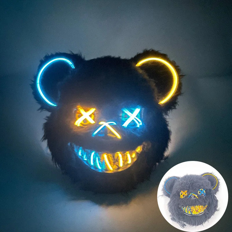 LED Glowing Bloody Bear Mask – Horror Plush Rabbit & Bear Cosplay Mask for Halloween and Festivals