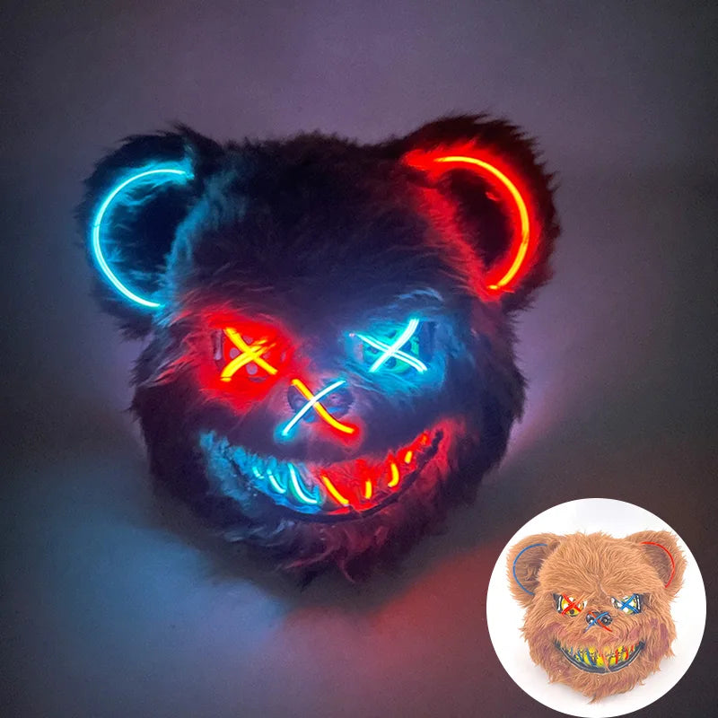 LED Glowing Bloody Bear Mask – Horror Plush Rabbit & Bear Cosplay Mask for Halloween and Festivals