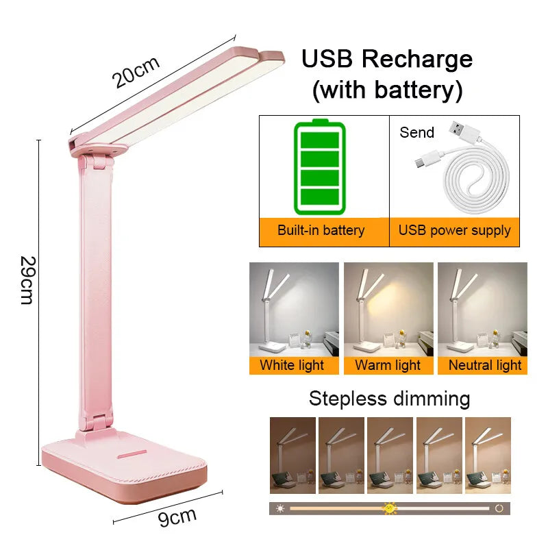 LED Desk Lamp 3 Levels Dimmable Touch Night Light USB Rechargeable Eye Protection Foldable Table Lamp