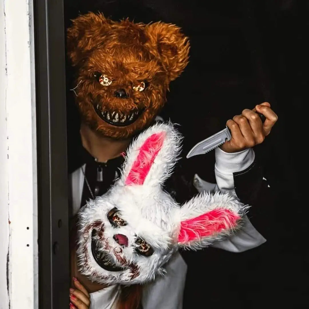 LED Glowing Bloody Bear Mask – Horror Plush Rabbit & Bear Cosplay Mask for Halloween and Festivals