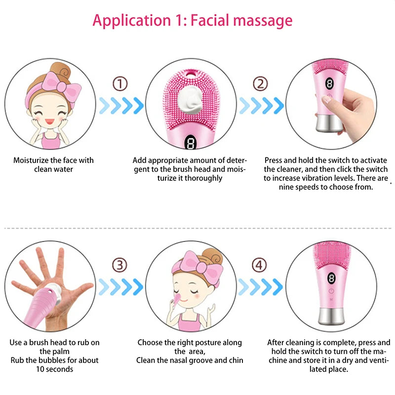 9 Gear Electric Ultrasonic Skin Sonic Scrubber Facial Brush Cleaner High Frequency Vibration Face Silicone Rechargeable