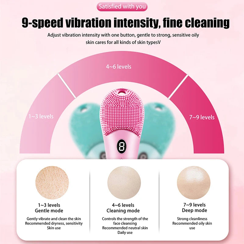 9 Gear Electric Ultrasonic Skin Sonic Scrubber Facial Brush Cleaner High Frequency Vibration Face Silicone Rechargeable