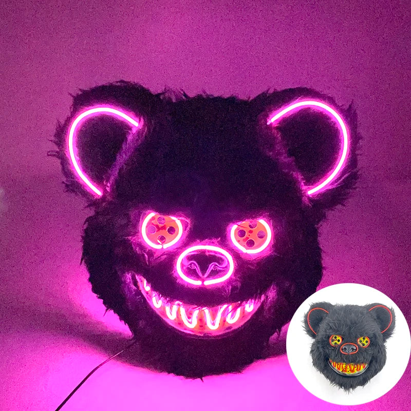 LED Glowing Bloody Bear Mask – Horror Plush Rabbit & Bear Cosplay Mask for Halloween and Festivals