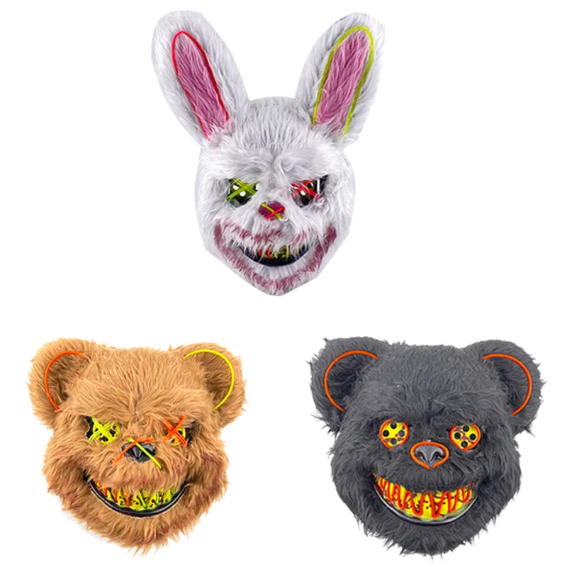 LED Glowing Bloody Bear Mask – Horror Plush Rabbit & Bear Cosplay Mask for Halloween and Festivals