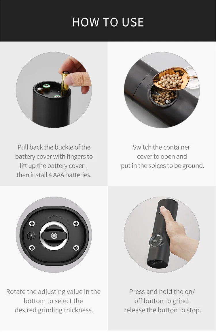 Electric Automatic Pepper and Salt Grinder – Adjustable Coarseness with LED Light