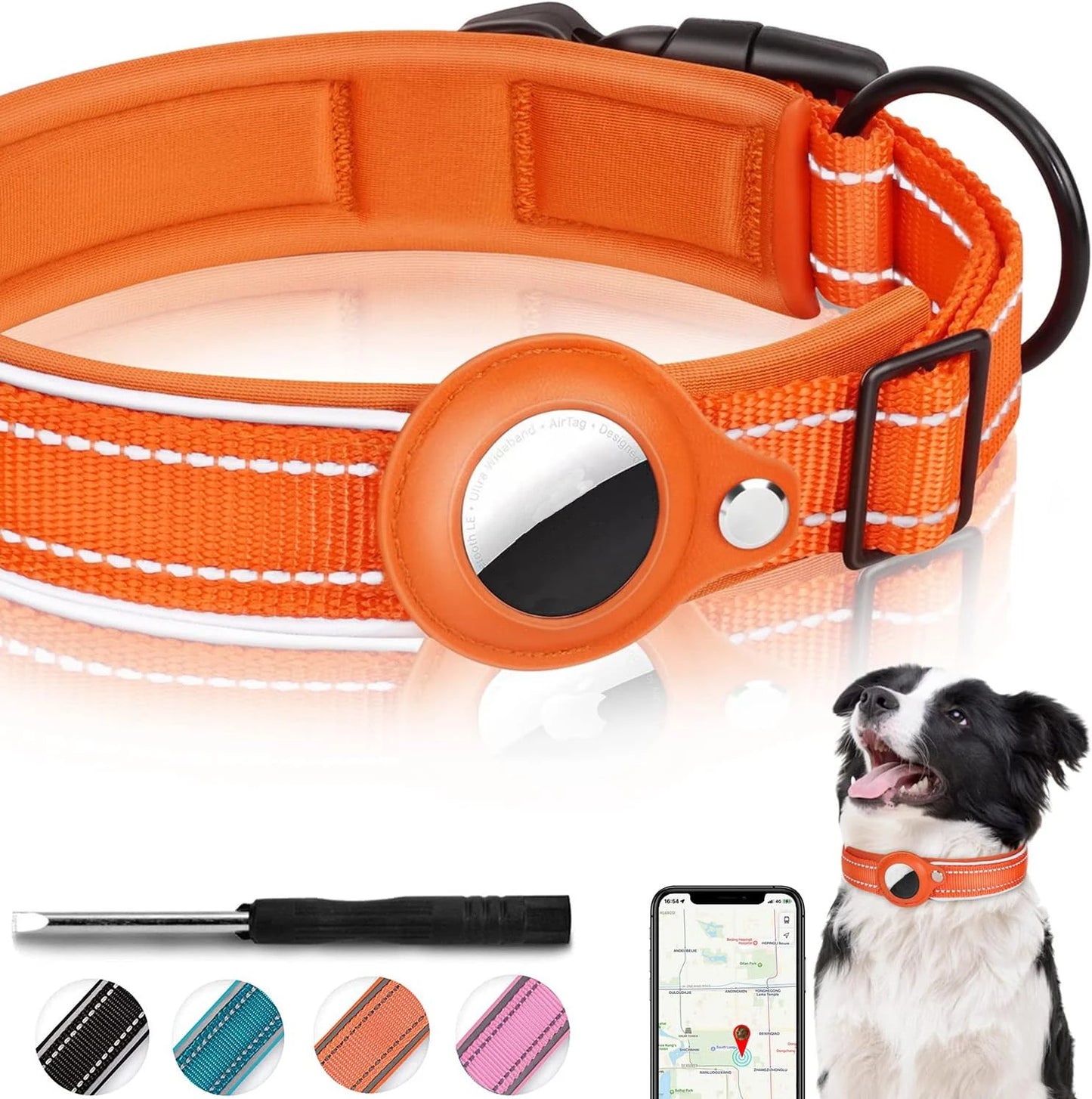 Reflective AirTag Dog Collar – Adjustable Heavy-Duty Collar with Built-In AirTag Holder