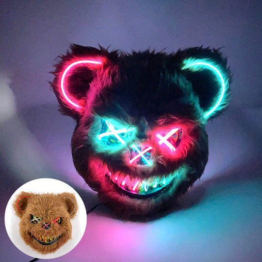LED Glowing Bloody Bear Mask – Horror Plush Rabbit & Bear Cosplay Mask for Halloween and Festivals