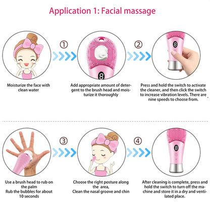 9 Gear Electric Ultrasonic Skin Sonic Scrubber Facial Brush Cleaner High Frequency Vibration Face Silicone Rechargeable