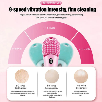 9 Gear Electric Ultrasonic Skin Sonic Scrubber Facial Brush Cleaner High Frequency Vibration Face Silicone Rechargeable